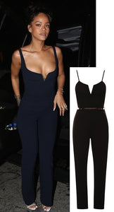 Rihanna Celebrity Inspired Belted Sleeveless Bodycon Jumpsuit