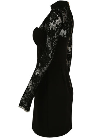 Black Crochet Sleeves Cut Out Neck Dress