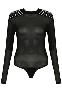 Alexa Black Pearls Trim Mesh Bodysuit