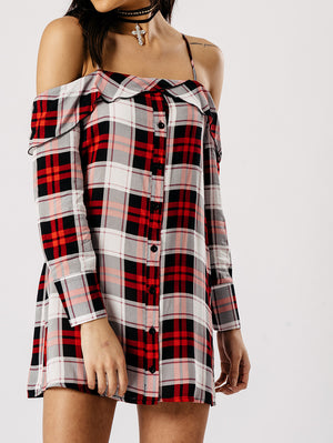 Red Check Bardot Strap Detail Shirt Dress