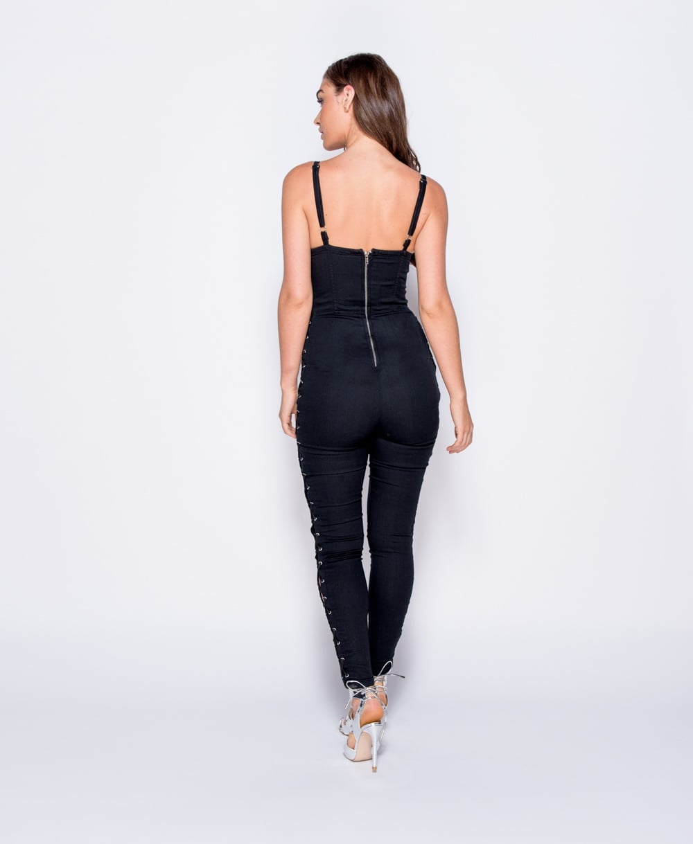 Black Denim Lace Up Detail Jumpsuit