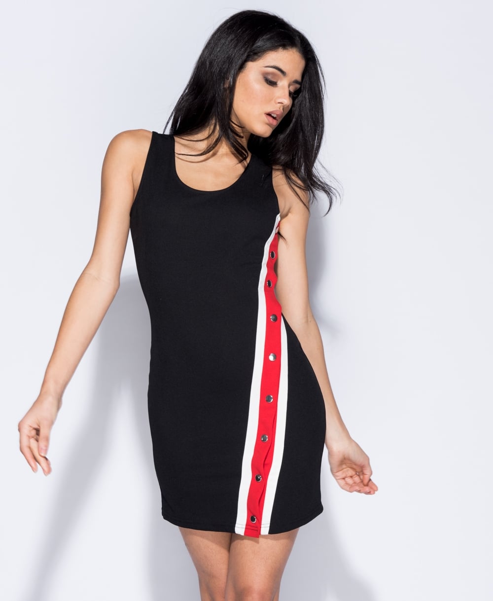 Black Side Stripe Popper Detail Bodycon Mini Dress